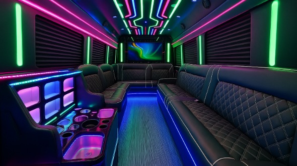 Interior of Charter Bus Company Wylie's 50 Passenger Party Bus in Wylie
